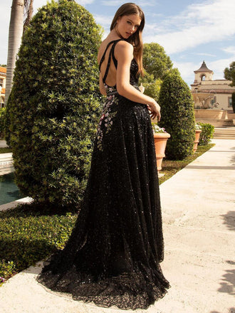 Gorgeous V-neck A-line Tulle Appliques Black Long Prom Dresses PDS0310