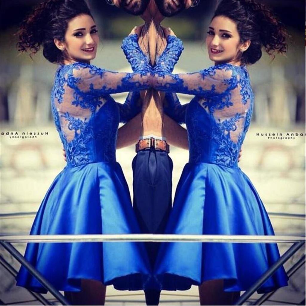 Blue lace long sleeves most popular junior  homecoming dresses for teen , BDY0110