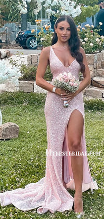 New Arrival V-neck Side Slit Mermaid Sequin Long Prom Dresses, PDS0173