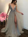 Deep V-neck Side Slit Grey Tulle Evening Dresses ,Cheap Prom Dresses,PDY0581