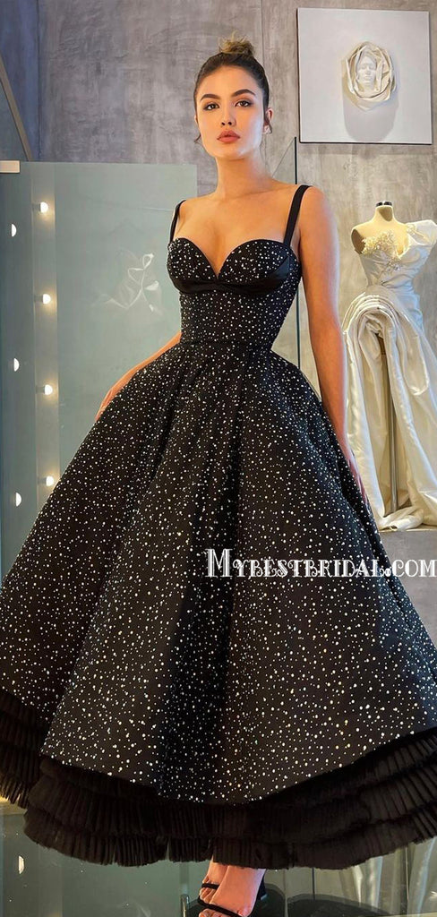 Spaghetti Straps A-line Black Ball Gown Long Prom Dresses, PDS0258