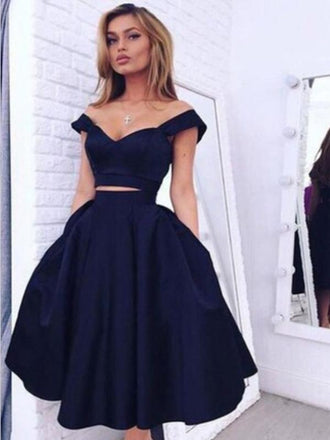 Navy Taffeta Two Piece Off-the-shoulder Dark Blue Short Homecoming Dress ,BDY0315