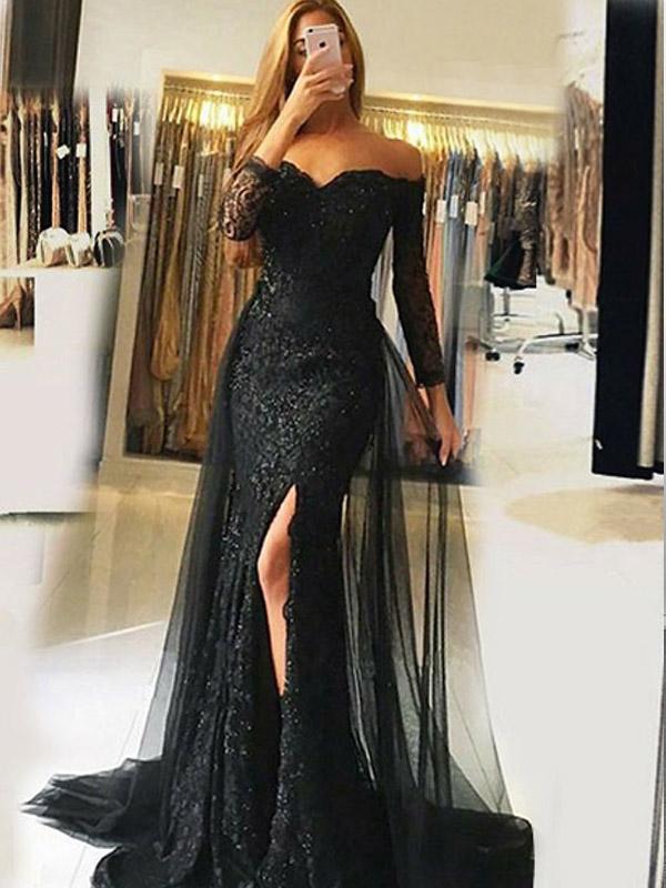 Mermaid Off-the-Shoulder Long Sleeves Black Prom Dress,Cheap Prom Dresses,PDY0544