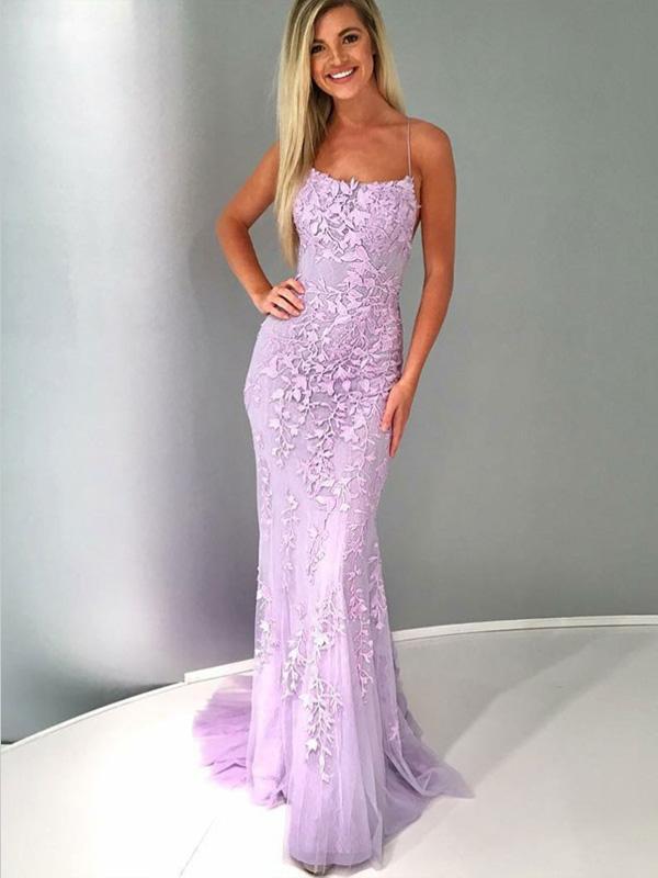 Mermaid Spaghetti Straps Lilac Tulle Prom Dresses,Cheap Prom Dresses,PDY0499