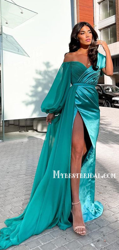 Charming One-shoulder Mermaid Side Slit Long Sleeve Long Prom Dresses, PDS0183