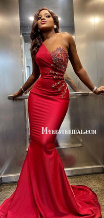 New Arrival One-shoulder Mermaid Satin Red Long Prom Dresses Online, PDS0217