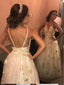A-line Spaghetti Straps V-neck Gold Lace Evening Dresses ,Cheap Prom Dresses,PDY0604