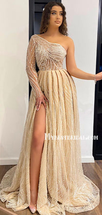 Elegant One-shoulder A-line Tulle Side Slit Champagne Long Prom Dresses, PDS0198