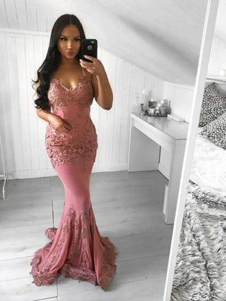 Mermaid Spaghetti Straps Pink/Blue Satin Evening Dresses,Cheap Prom Dresses,PDY0566