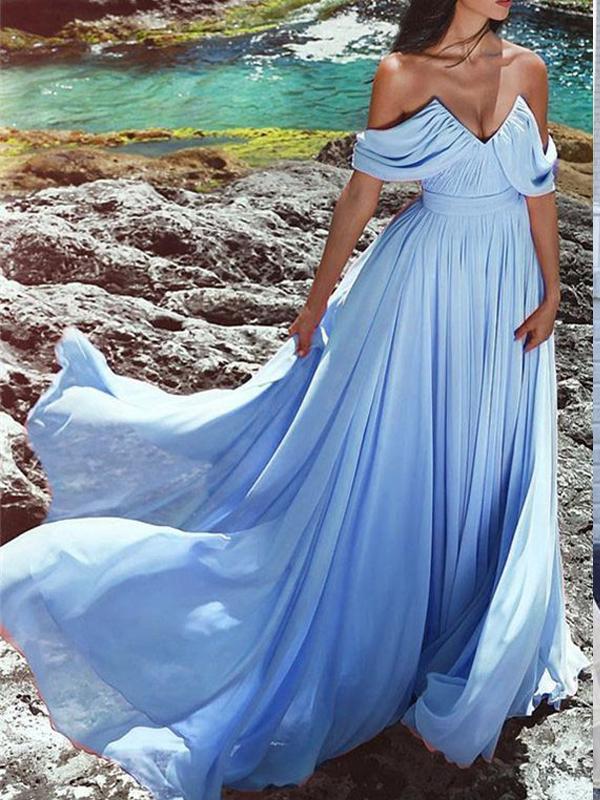 Off-The-Shoulder Blue Chiffon Long Prom Dresses,Cheap Prom Dresses,PDY0529