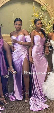 Simple Mermaid Soft Satin Side Slit Long Bridesmaid Dresses, BDS0167