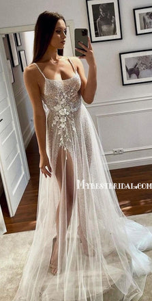 Spaghetti Straps Tulle See-through Side Slit A-line Wedding Dresses Online, WDY0262