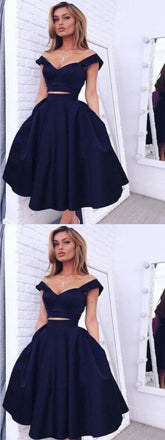 Navy Taffeta Two Piece Off-the-shoulder Dark Blue Short Homecoming Dress ,BDY0315