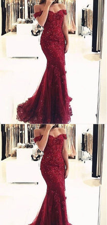 Sweetheart Off-the-Shoulder Beaded Burgundy Tulle Prom Dresses,Cheap Prom Dresses,PDY0476