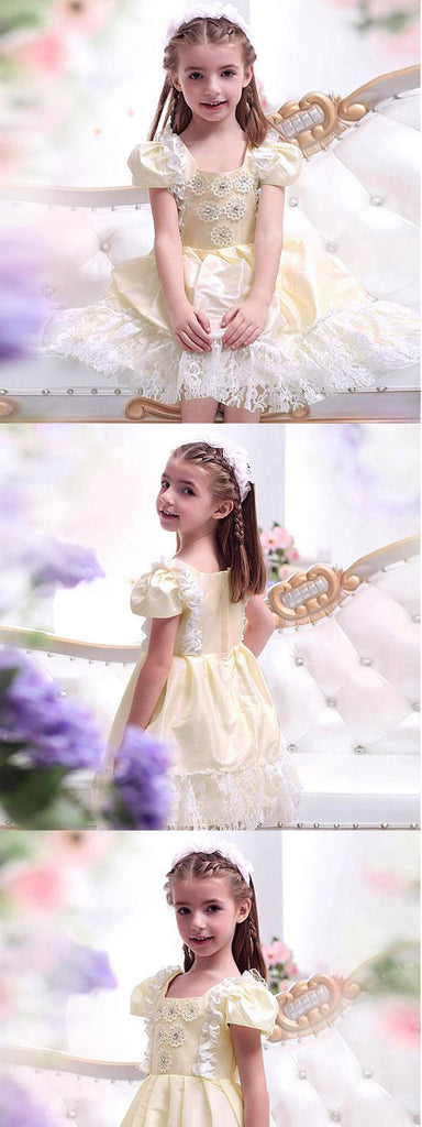 Cute Beaded Ivory Lace Flower Girl Dresses With Handmade Flowers ,Cheap Flower Girl Dresses ,FGY0168
