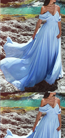 Off-The-Shoulder Blue Chiffon Long Prom Dresses,Cheap Prom Dresses,PDY0529