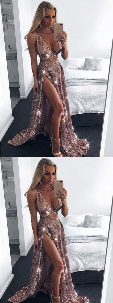 Sexy A-Line Spaghetti Straps Pink Sequin Prom Dress With Slit,Party Dresses,PDY0340