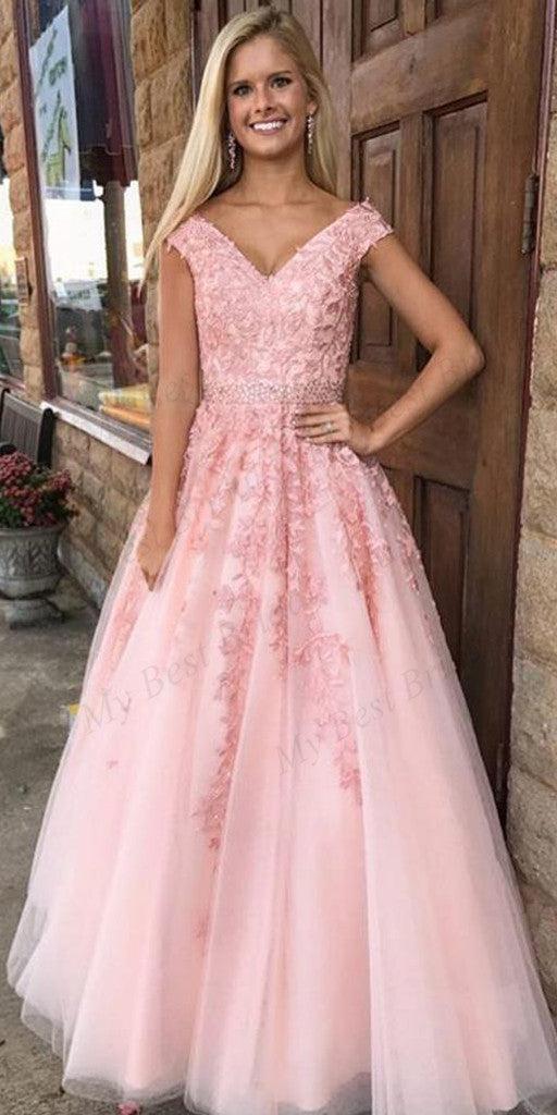 A-line Off-the-Shoulder Pink Tulle Evening Dresses,Cheap Prom Dresses,PDY0573