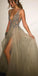 Deep V-neck Side Slit Grey Tulle Evening Dresses ,Cheap Prom Dresses,PDY0581