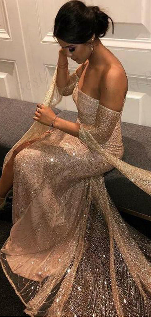 Off The Shoulder Champagne Sequin Evening Dresses,Cheap Prom Dresses,PDY0627
