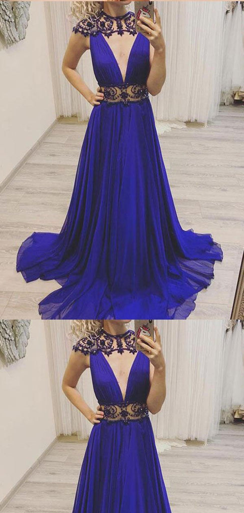 A Line Royal Beaded Blue Chiffon Long Prom Dress,Cheap Prom Dresses,PDY0537
