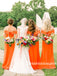 Charming Off-The-Shoulder Orange Satin Sidei Slit Mermaid Long Cheap Bridesmaid Dresses, BDS0019