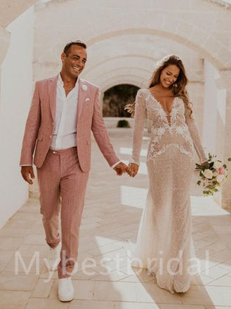 Sexy V-neck Long sleeves Mermaid Lace applique Wedding Dresses, WDY0200