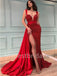 Red Sexy V-neck Sleeveless Side slit Mermaid Prom Dresses, PDS0535