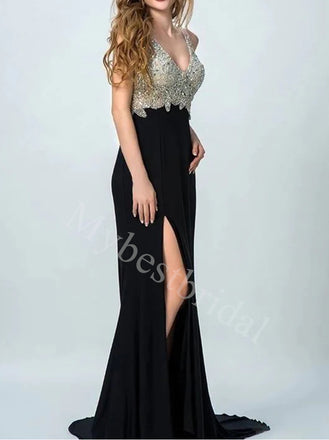Elegant V-neck Side slit A-line Prom Dresses,PDS0895