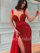 Red Sexy V-neck Sleeveless Side slit Mermaid Prom Dresses, PDS0535