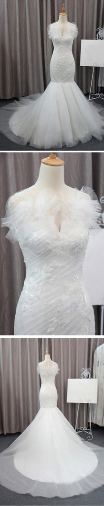 Gorgeous Elegant White Lace Mermaid Tulle Wedding Party Dresses, Bridal Gown, WDY0140