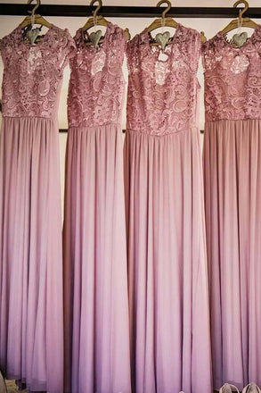 Cap Sleeve Illusion Lace Pink Long Cheap Bridesmaid Dresses Online, WGY0239