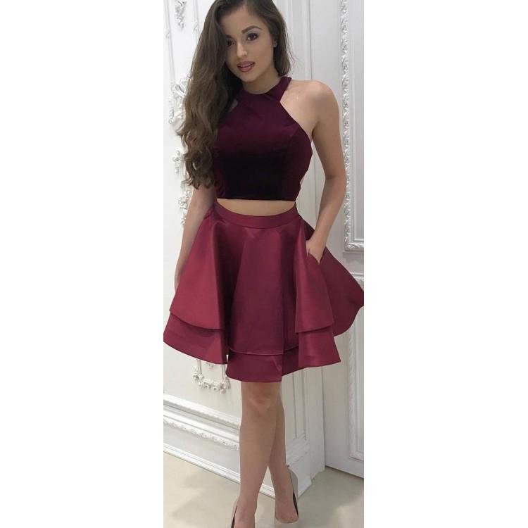 Sexy Two Pieces Simple Cheap Halter Dark Red Short Homecoming Dresses Online, BDY0333