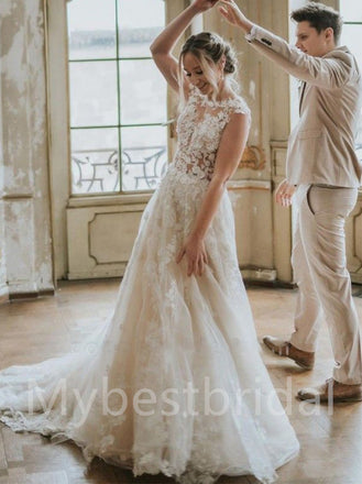 Sexy V-neck Cap-sleeves A-line Lace applique Wedding Dresses,WDY0317