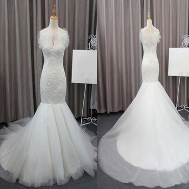 Gorgeous Elegant White Lace Mermaid Tulle Wedding Party Dresses, Bridal Gown, WDY0140