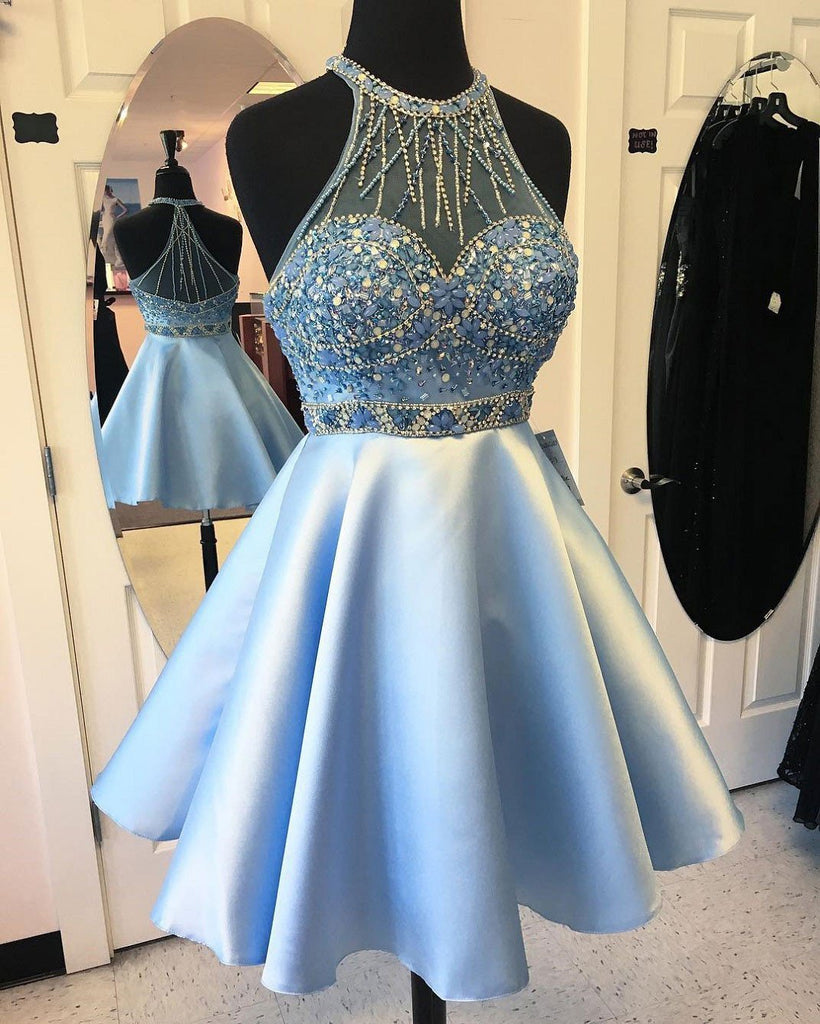 Elegant Blue Halter Beaded Cheap Short Homecoming Dresses Online, BDY0265