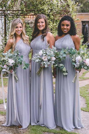 One Shoulder Dusty Blue Long Chiffon Cheap Bridesmaid Dresses Online, WGY0304