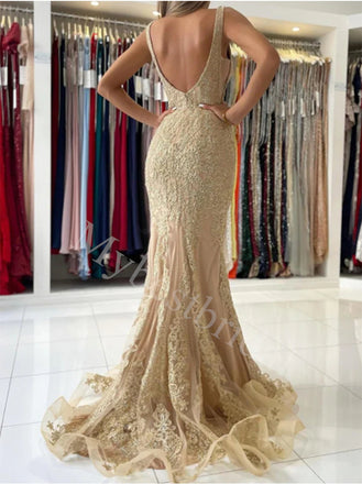 Sexy V-neck Sleeveles Lace applique Mermaid Prom Dresses,PDS0872