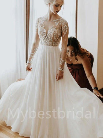 Elegant Sweetheart Long sleeves A-line Lace applique Wedding Dresses,WDY0324