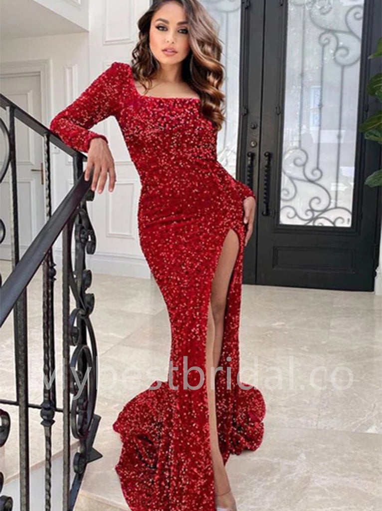 Elegant One shoulder Side slit Mermaid Prom Dresses,PDS0557
