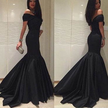 Simple Design Off Shoulder Black Satin Long Mermaid Prom Dresses, BG0076