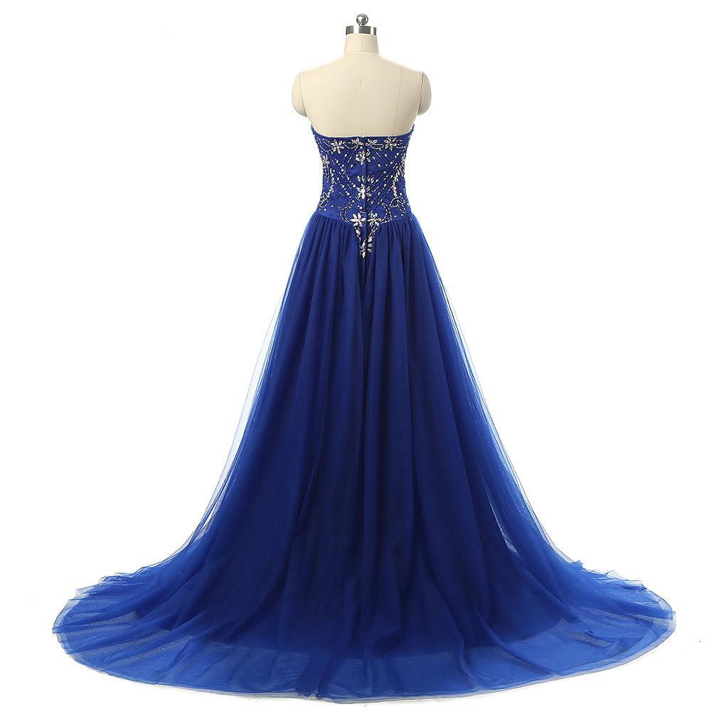 Long A-Line Sweetheart Rhinestone Royal Blue Tulle Prom Dresses, BG0077