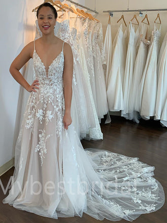 Sexy V-neck Spaghetti straps A-line Lace appique Wedding Dresses, WDY0238