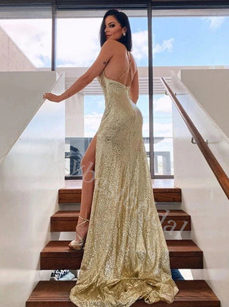 Sexy Halter Sleeveless Side slit Sheath Prom Dresses,PDS0805