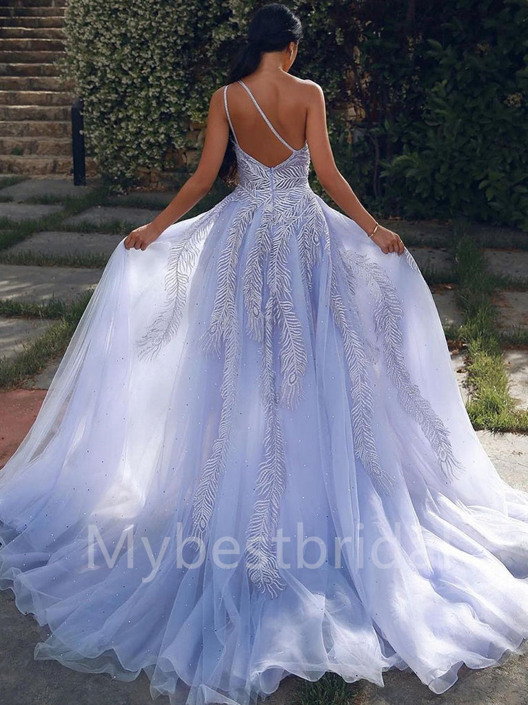 Elegant One-shoulder Side slit A-line Sleeveless Prom Dresses , PDS0365