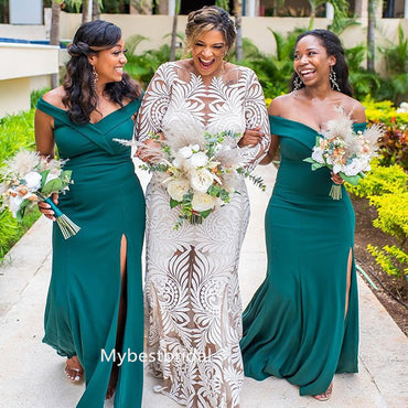Off-shoulder Side slit Mermaid Floor-length Elegant Simple Pretty Long Bridesmaid Dresses, BDS0256