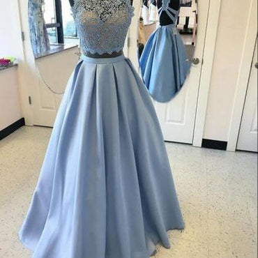 High Fashion Two-Piece A-Line Blue Satin Long Prom Dress with Lace. PDY0186