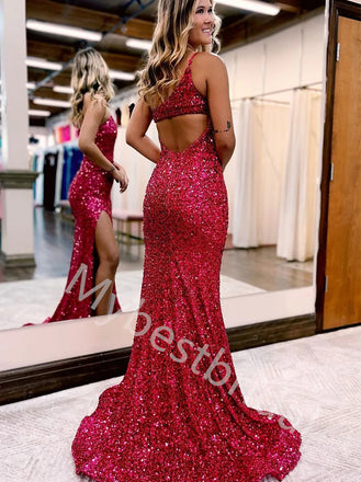 Sexy One shoulder Sleeveless Side slit Mermaid Prom Dresses,PDS0736