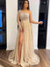 Elegant One-shoulder A-line Tulle Side Slit Champagne Long Prom Dresses, PDS0198
