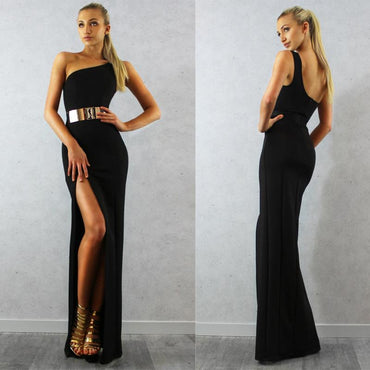 One Shoulder Chic Simple Black Side Slit Prom Dresses With Metallic Belt, Party Dresses, BG0360